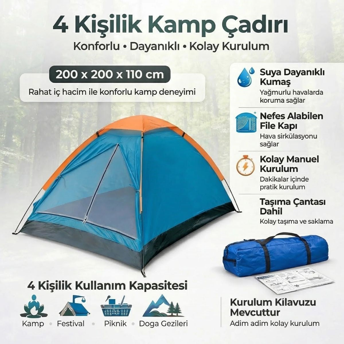 BUFFER 4 Kişilik Kamp Çadırı Manuel Kurulum Düz Kapılı Outdoor Dayanıklı Kamp Doğa Çadırı 200 x 200 x 110 cm