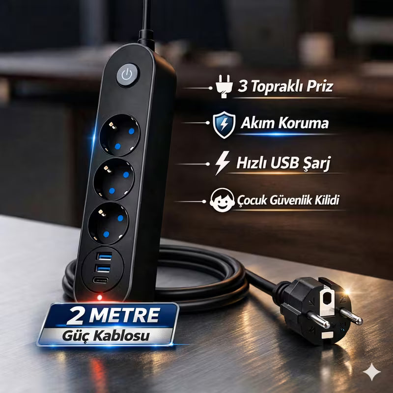 Akım Korumalı Çoklu Priz 2500W – 3 Priz + 2 USB + Type-C Hızlı Şarj – 2 Metre Uzatma Kablosu