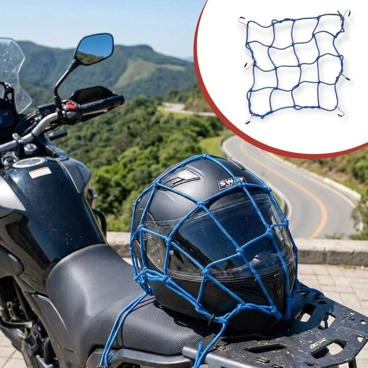Kask BUFFER Esnek Motosiklet Kask ve Bagaj Filesi – Kask Sabitleyici Plastik Kancalı Taşıma Ağı 35x35 cm