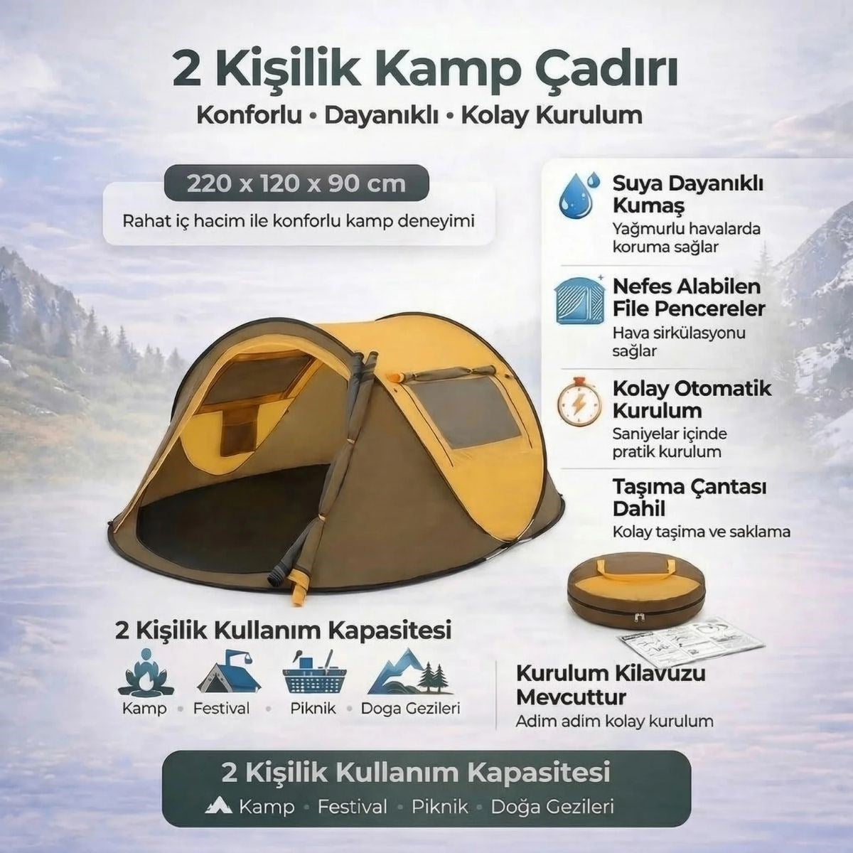 BUFFER 2 Kişilik Vagon Tipi Yarı Otomatik Kamp Çadırı – Çift Kapılı, Çift Pencereli, Hafif Taşınabilir Outdoor Doğa Çadırı 220x120x90 cm
