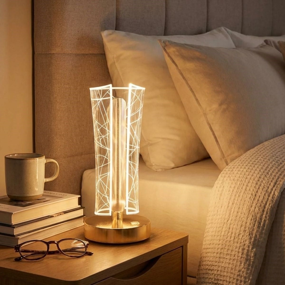 İki Yandan Kavisli Silindirik Geometrik Çizgi Model Kristal LED Masa Lambası – Dokunmatik, 3 Renk Işık Modlu, Şarjlı Dekoratif Gece Lambası
