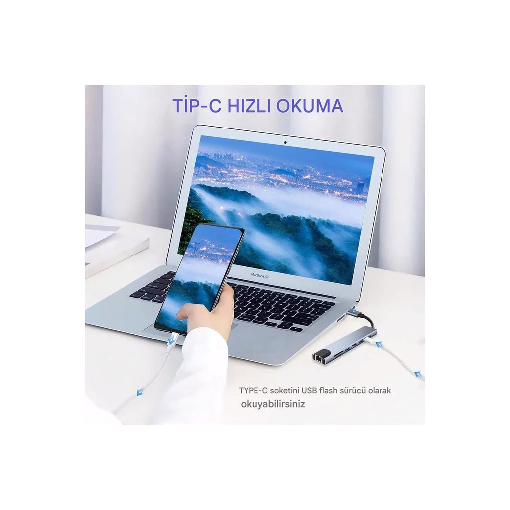 MacBook ve Laptop Uyumlu Çok Fonksiyonlu USB-C Dönüştürücü - Alüminyum Gövdeli Hub
