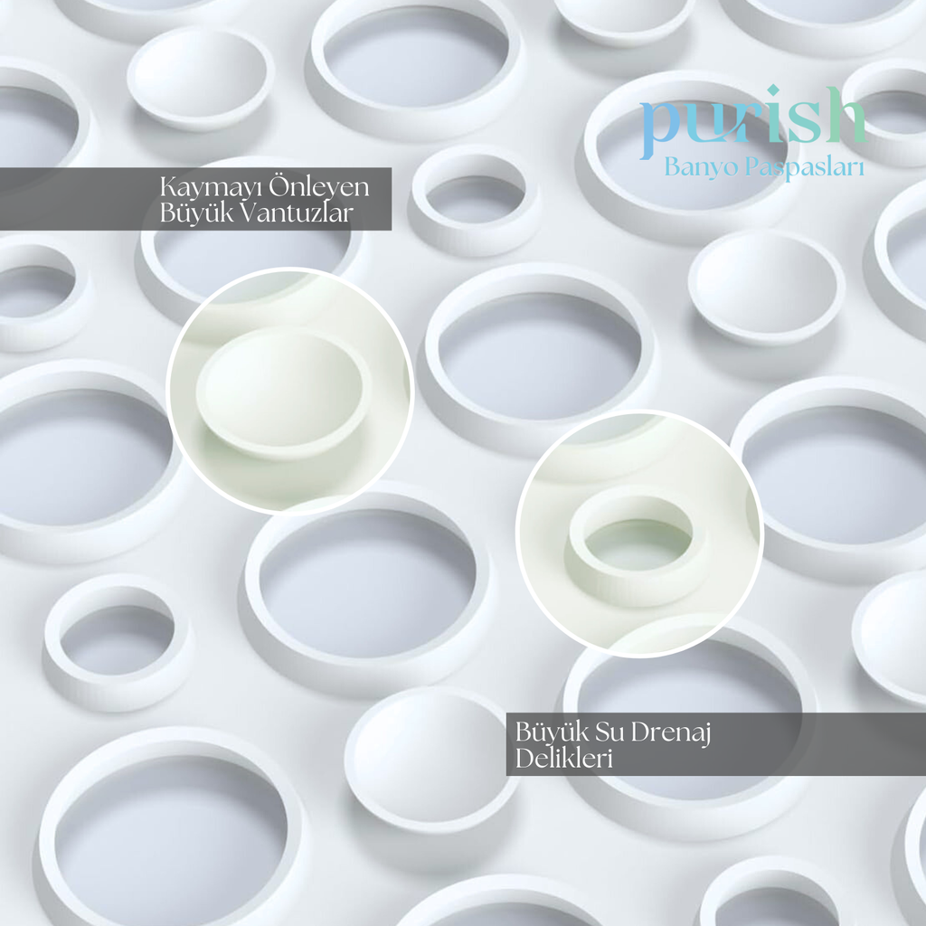 Purish | Kaymaz Banyo Paspası | Beyaz| 36x66 cm – Dikdörtgen Duş Matı, Küvet Paspası | Güçlü Vantuzlu, Su Tahliyeli, Yumuşak