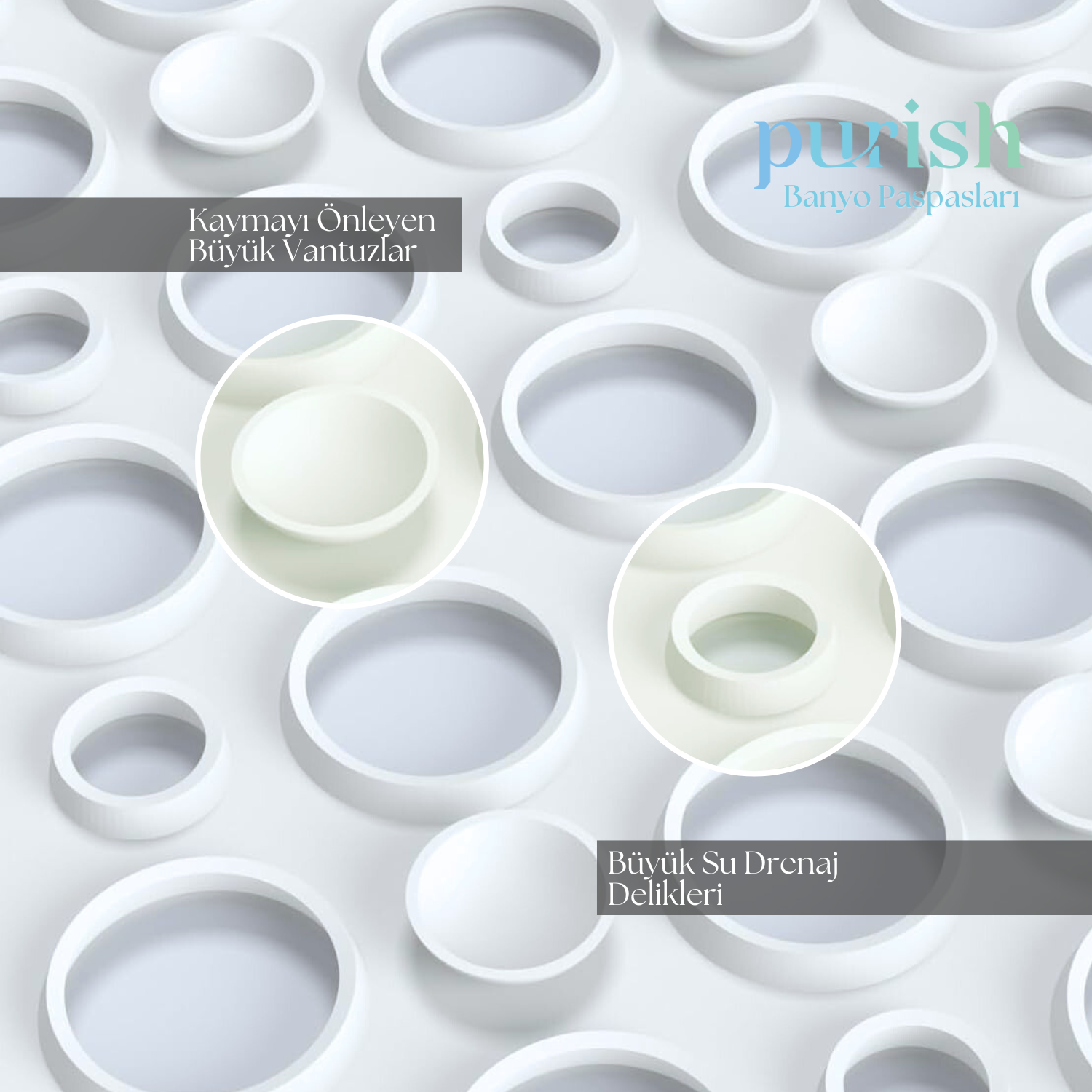 Purish | Kaymaz Banyo Paspası | Beyaz| 36x66 cm – Dikdörtgen Duş Matı, Küvet Paspası | Güçlü Vantuzlu, Su Tahliyeli, Yumuşak | Makinede Yıkanabilir | Kaydırmaz Zemin Matı