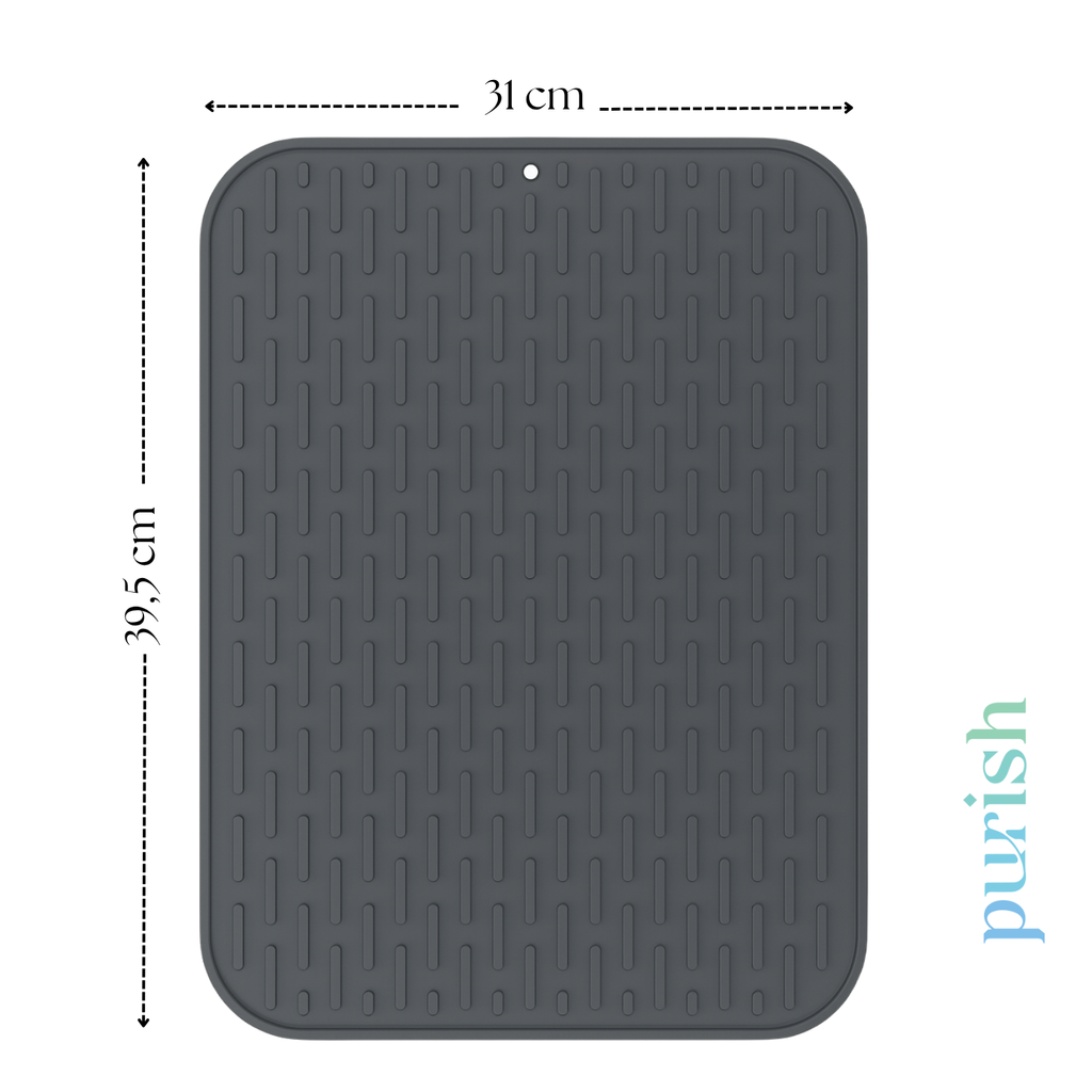 Purish | Bulaşık Kurutma Matı –TPE – 31x39,5 cm, Kaymaz, Su Drenaj Kanallı, Katlanabilir ve Kolay Temizlenebilir (Antrasit Gri)