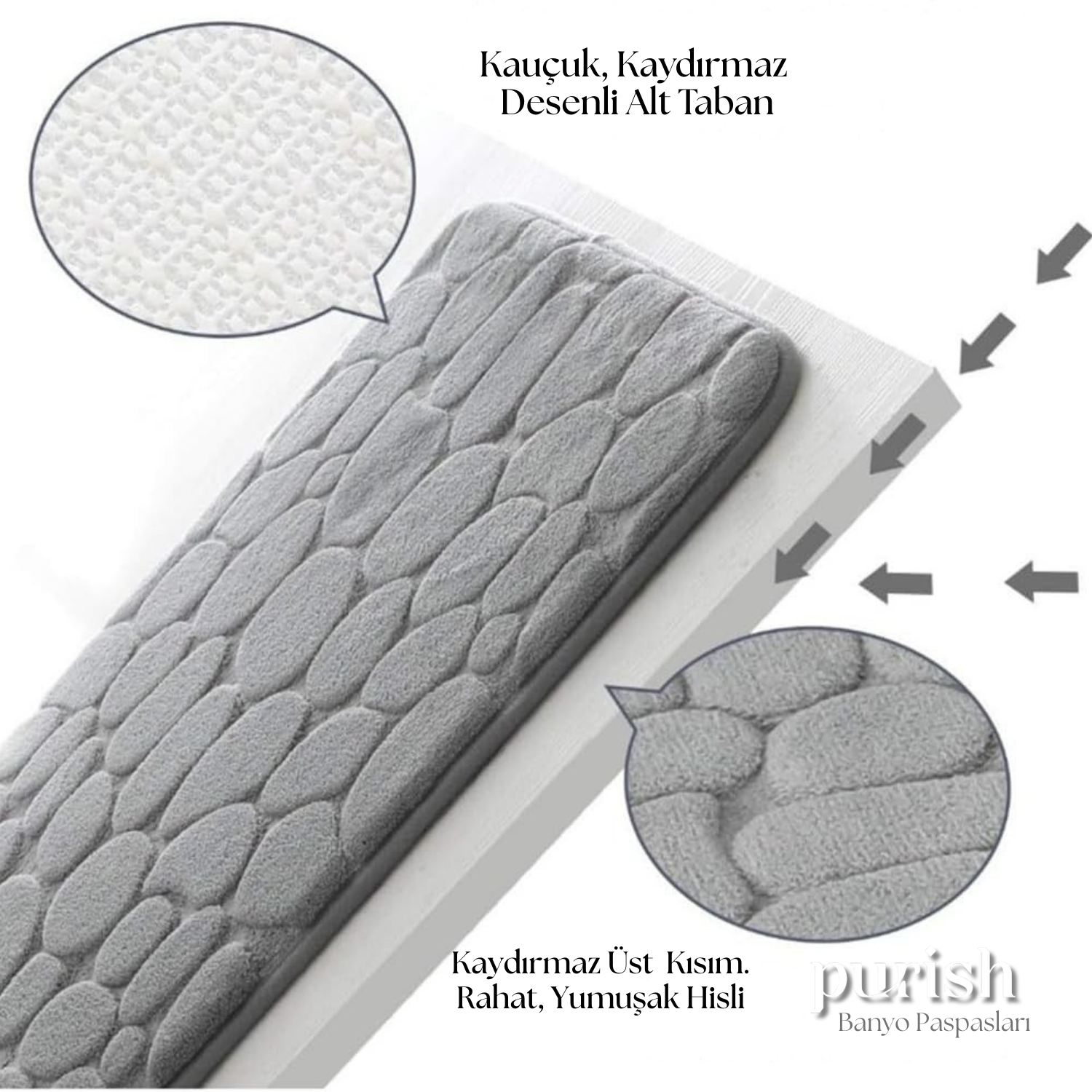 Hafızalı Köpük Banyo Paspası 60×40 cm – Kaydırmaz Tabanlı, Hızlı Kuruyan Mikrofiber, Taş Dokulu Gri Banyo Matı - Herseyben.de
