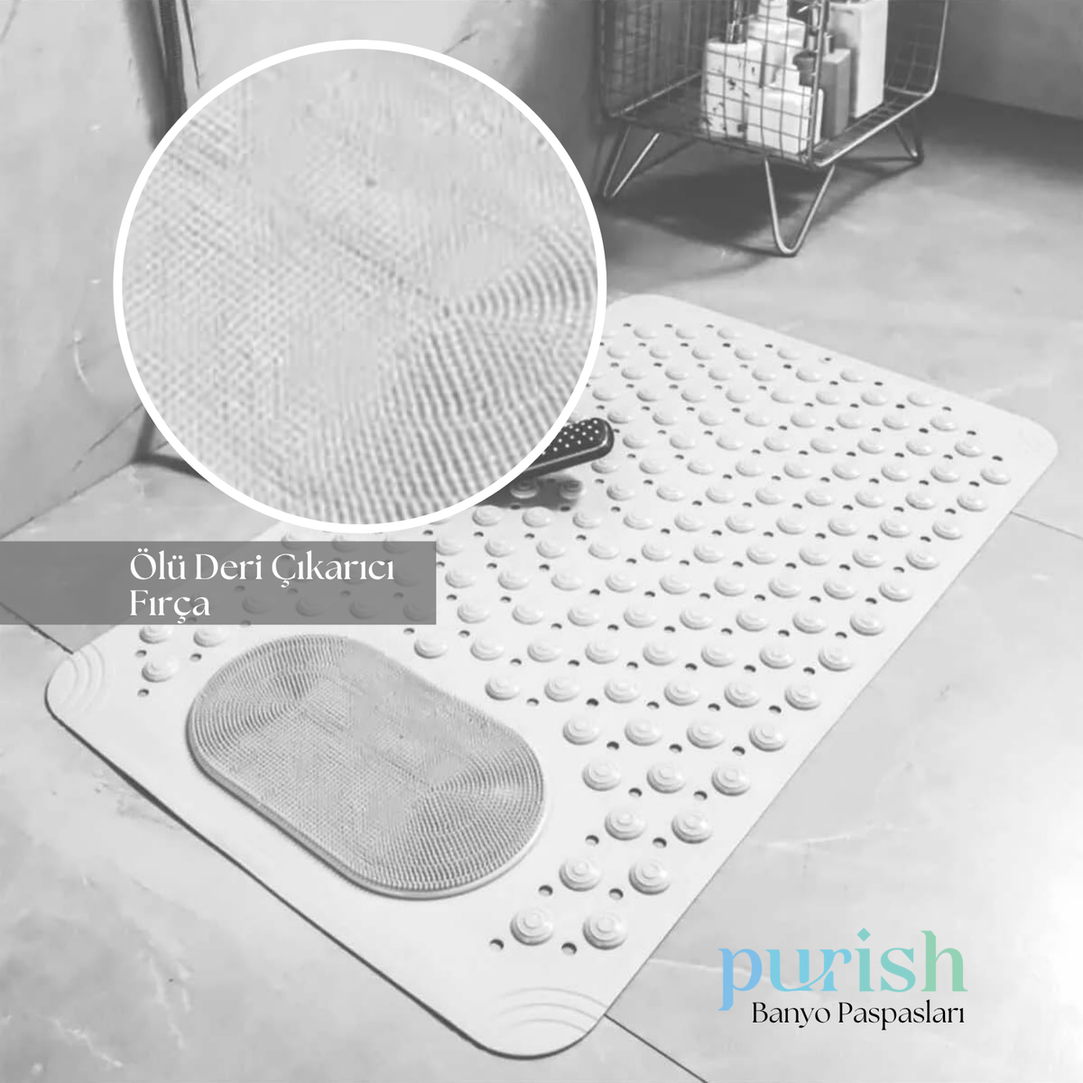 Purish | Kaymaz Banyo Paspası | Beyaz | 69,5x36cm – Dikdörtgen Duş Matı, Küvet Paspası | Güçlü Vantuzlu, Su Tahliyeli, Masaj, Fırçalı | Makinede Yıkanabilir | Kaydırmaz Zemin Matı (Copy) - Herseyben.de