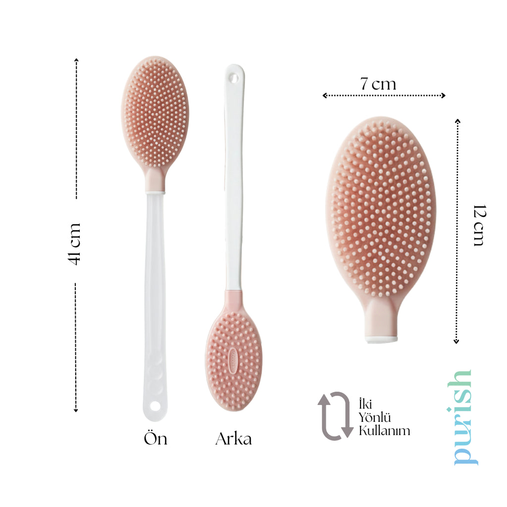 Uzun Saplı Vücut Temizlik ve Masaj Fırçası (Beyaz Sap, Pembe TPE Başlık) – 41 cm, 7×12 cm
