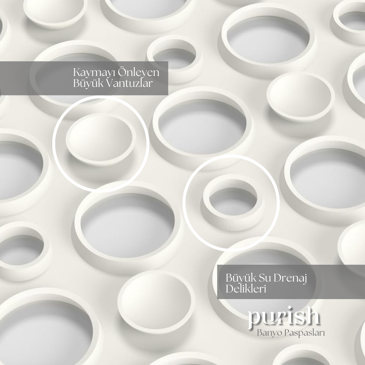 Purish | Kaymaz Banyo Paspası | Beyaz| 54x54cm – Kare Duş Matı, Küvet Paspası | Güçlü Vantuzlu, Su Tahliyeli, Yumuşak