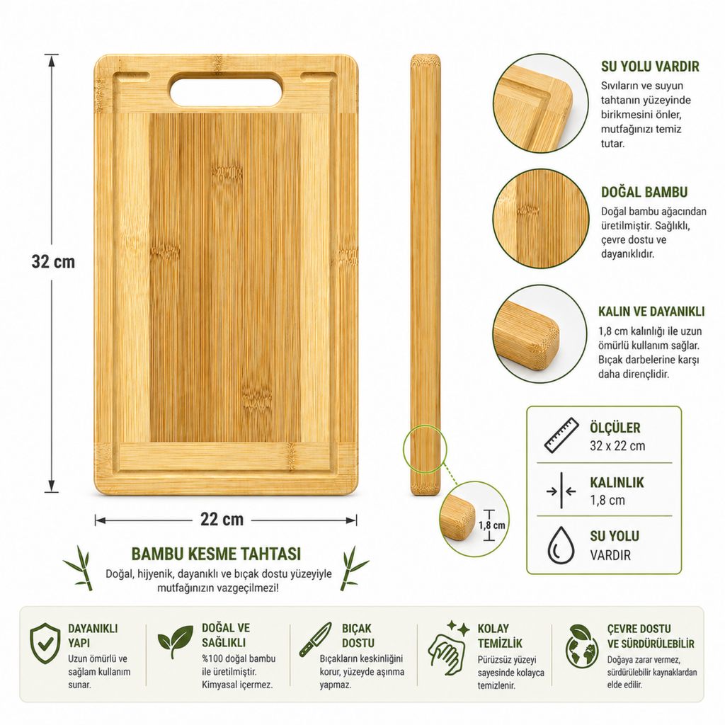 Bambu Kesme Tahtası Su Yollu Doğal Ahşap | 30x20 - 32x22 - 34x24 cm | 1.8 cm Kalın Dayanıklı Kesim Panosu