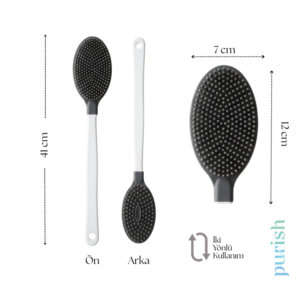 Uzun Saplı Vücut Temizlik ve Masaj Fırçası (Beyaz Sap, Gri TPE Başlık) – 41 cm, 7×12 cm