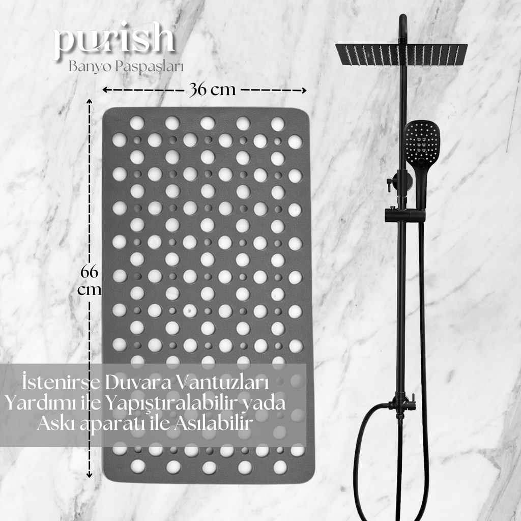 Purish | Kaymaz Banyo Paspası | Antrasit Gri | 36x66 cm – Dikdörtgen Duş Matı, Küvet Paspası | Güçlü Vantuzlu, Su Tahliyeli, Yumuşak
