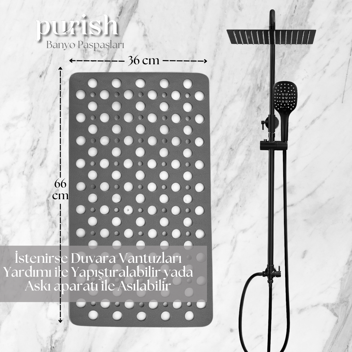 Purish | Kaymaz Banyo Paspası | Antrasit Gri | 36x66 cm – Dikdörtgen Duş Matı, Küvet Paspası | Güçlü Vantuzlu, Su Tahliyeli, Yumuşak