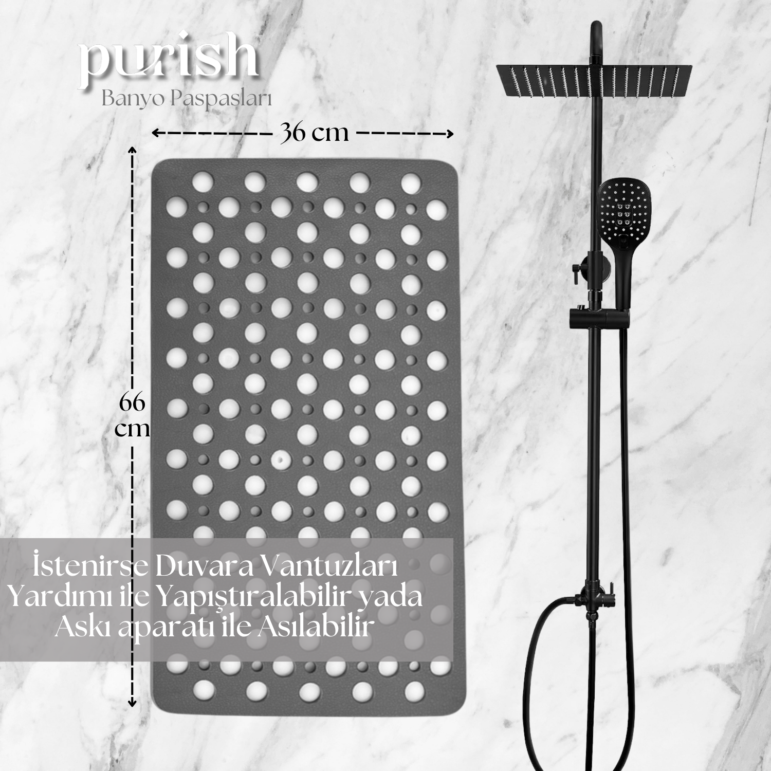 Purish | Kaymaz Banyo Paspası | Antrasit Gri | 36x66 cm – Dikdörtgen Duş Matı, Küvet Paspası | Güçlü Vantuzlu, Su Tahliyeli, Yumuşak | Makinede Yıkanabilir | Kaydırmaz Zemin Matı