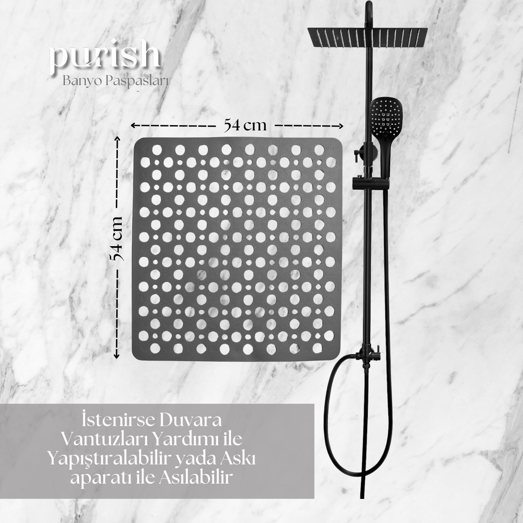 Purish | Kaymaz Banyo Paspası | Antrasit Gri | 54x54cm – Dikdörtgen Duş Matı, Küvet Paspası | Güçlü Vantuzlu, Su Tahliyeli, Yumuşak | Makinede Yıkanabilir | Kaydırmaz Zemin Matı - Herseyben.de
