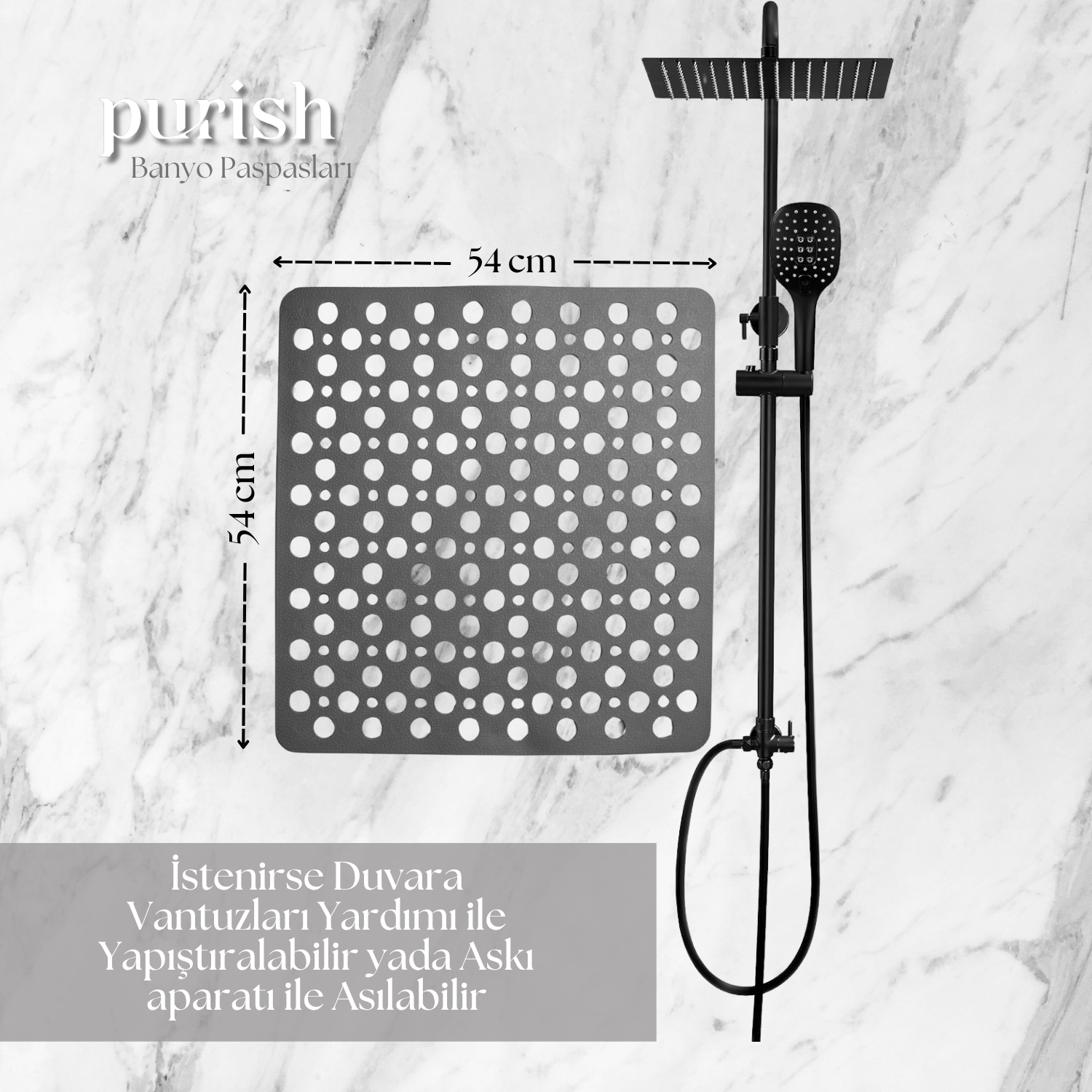 Purish | Kaymaz Banyo Paspası | Antrasit Gri | 54x54cm – Dikdörtgen Duş Matı, Küvet Paspası | Güçlü Vantuzlu, Su Tahliyeli, Yumuşak | Makinede Yıkanabilir | Kaydırmaz Zemin Matı - Herseyben.de