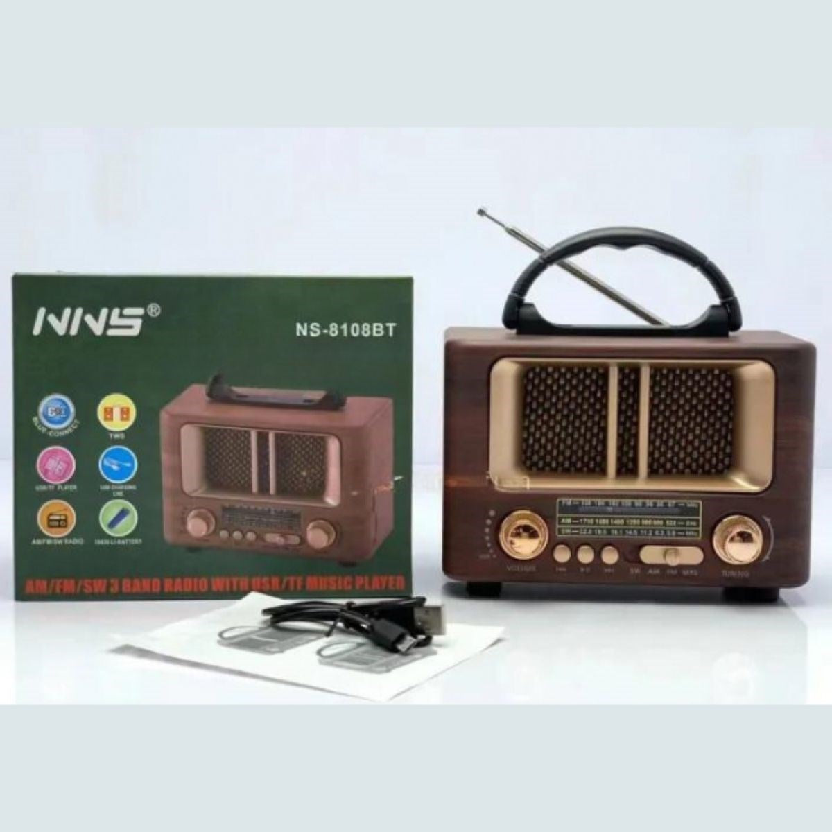 BUFFER Küçük Mini Boy Retro Ahşap Tasarım Bluetooth Hoparlörlü Radyo – FM/AM Destekli, Şarjlı ve Taşınabilir Radyo NS-8108