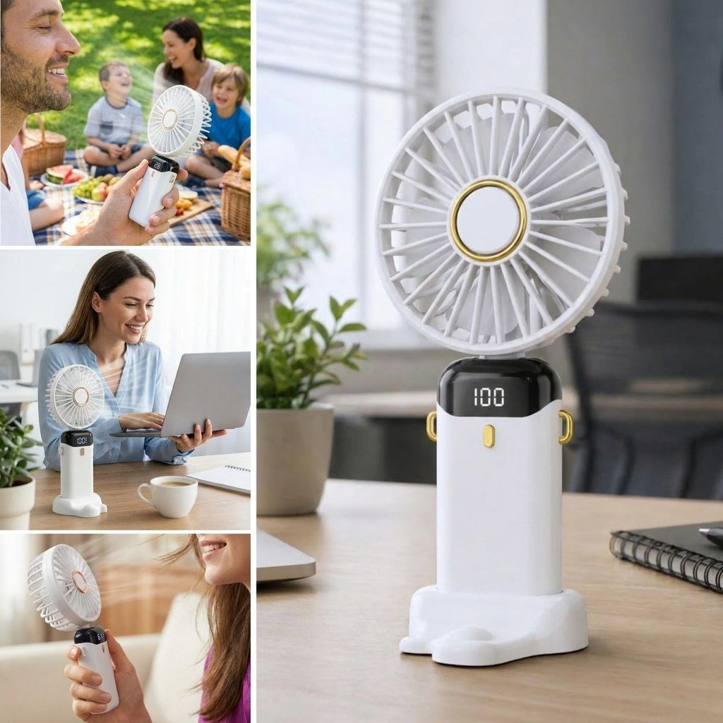 5 Kademeli Şarjlı El Fanı – Telefon Tutuculu Standlı, LED Dijital Göstergeli, Boyuna Asılabilir Taşınabilir Fan N15