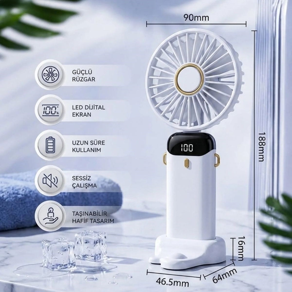 5 Kademeli Şarjlı El Fanı – Telefon Tutuculu Standlı, LED Dijital Göstergeli, Boyuna Asılabilir Taşınabilir Fan N15