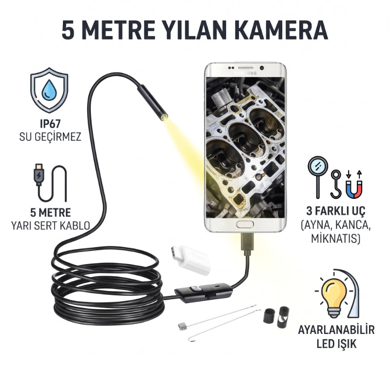5 Metre Yılan Kamera - LED Işıklı - IP67 Su Geçirmez - 3 Farklı Başlıklı — görsel 2
