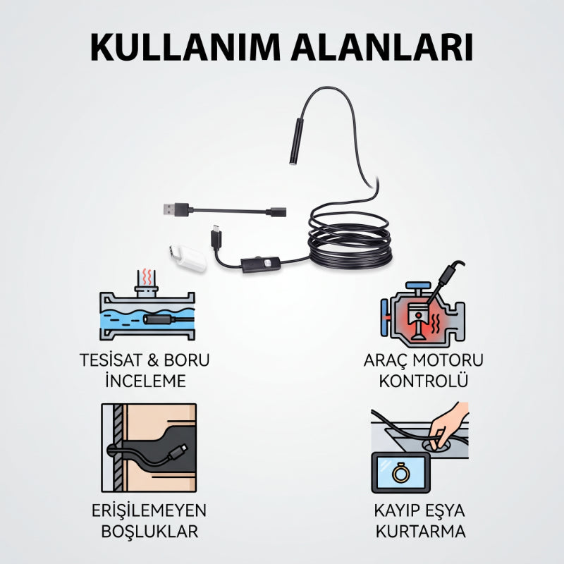 5 Metre Yılan Kamera - LED Işıklı - IP67 Su Geçirmez - 3 Farklı Başlıklı — görsel 3