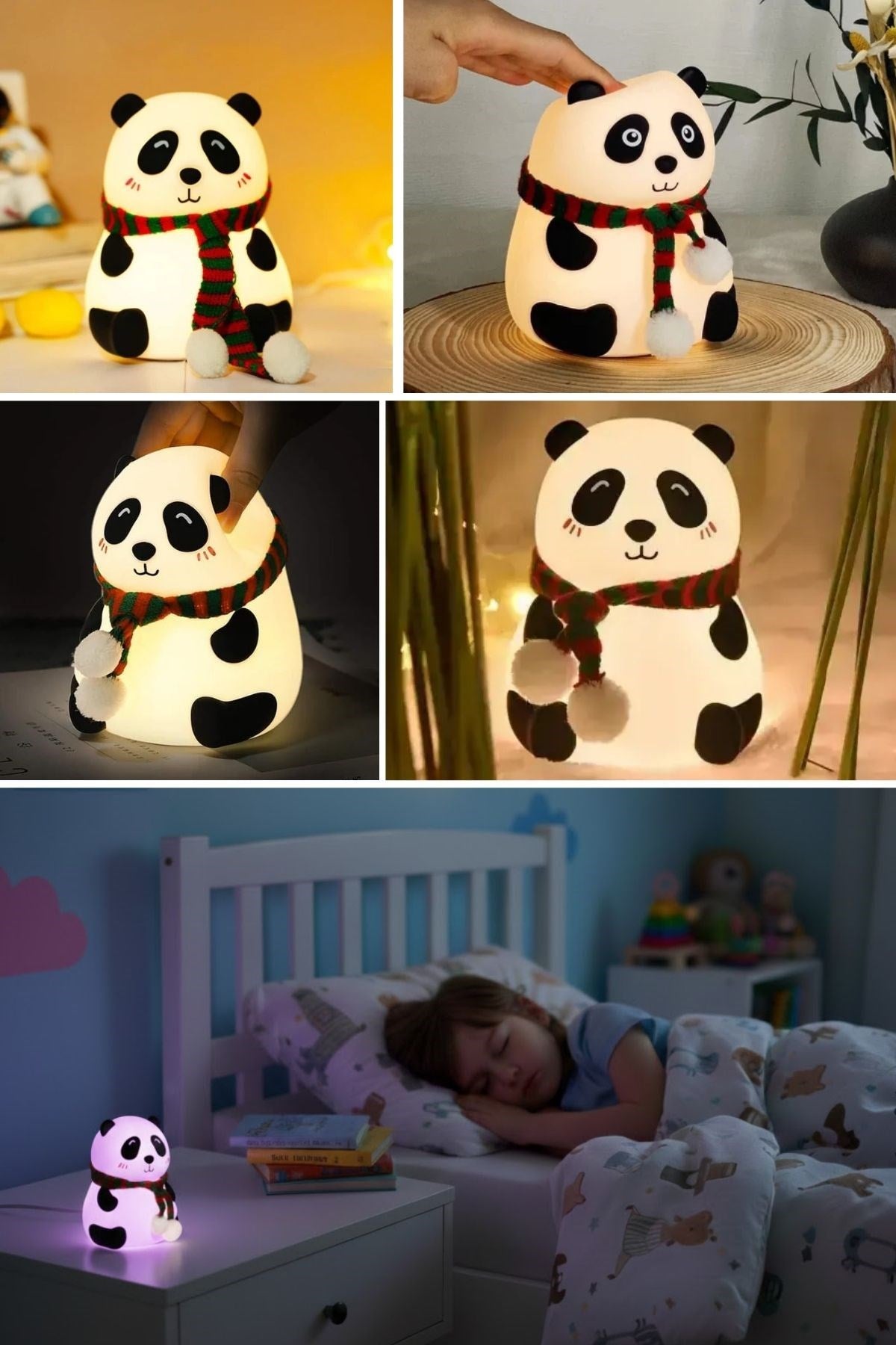 5 Farklı Renk Modlu Panda Figürlü Pofuduk LED Gece Lambası–Yumuşak Dokulu Çocuk Odası ve Dekoratif Şarjlı Ortam Işığı