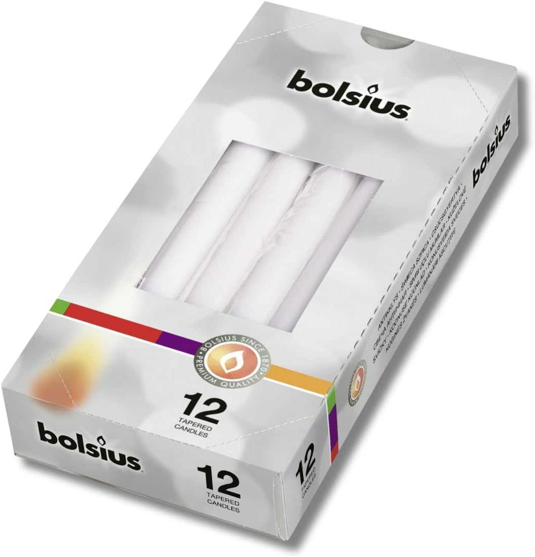 Beyaz Renkli Konik Şamdan Yemek Mumu, 7,5 Saat Yanma Süreli, 24,5 cm Uzun Mum (12 Adet)