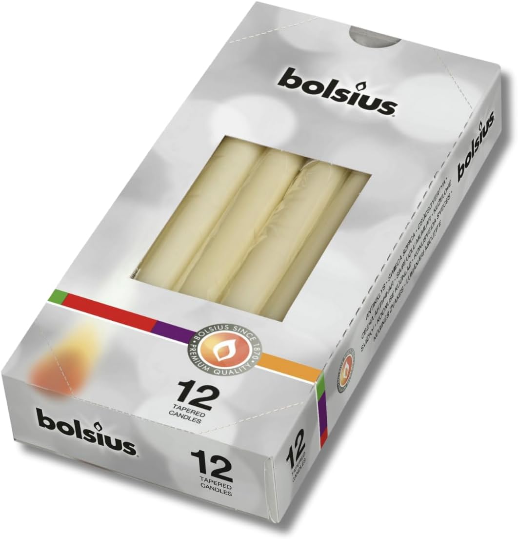 Fildişi Renkli Konik Şamdan Yemek Mumu, 7,5 Saat Yanma Süreli, 24,5 cm Uzun Mum (12 Adet)