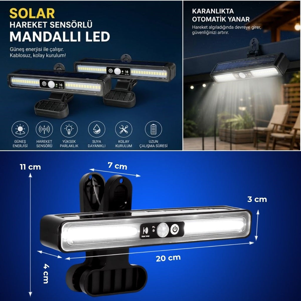 2 Adet 36 LED Mandallı Solar Lamba, Güneş Enerjili, Hareket Sensörlü, 3 Modlu, Kıskaçlı Kablosuz Dış Mekân Duvar Apliği