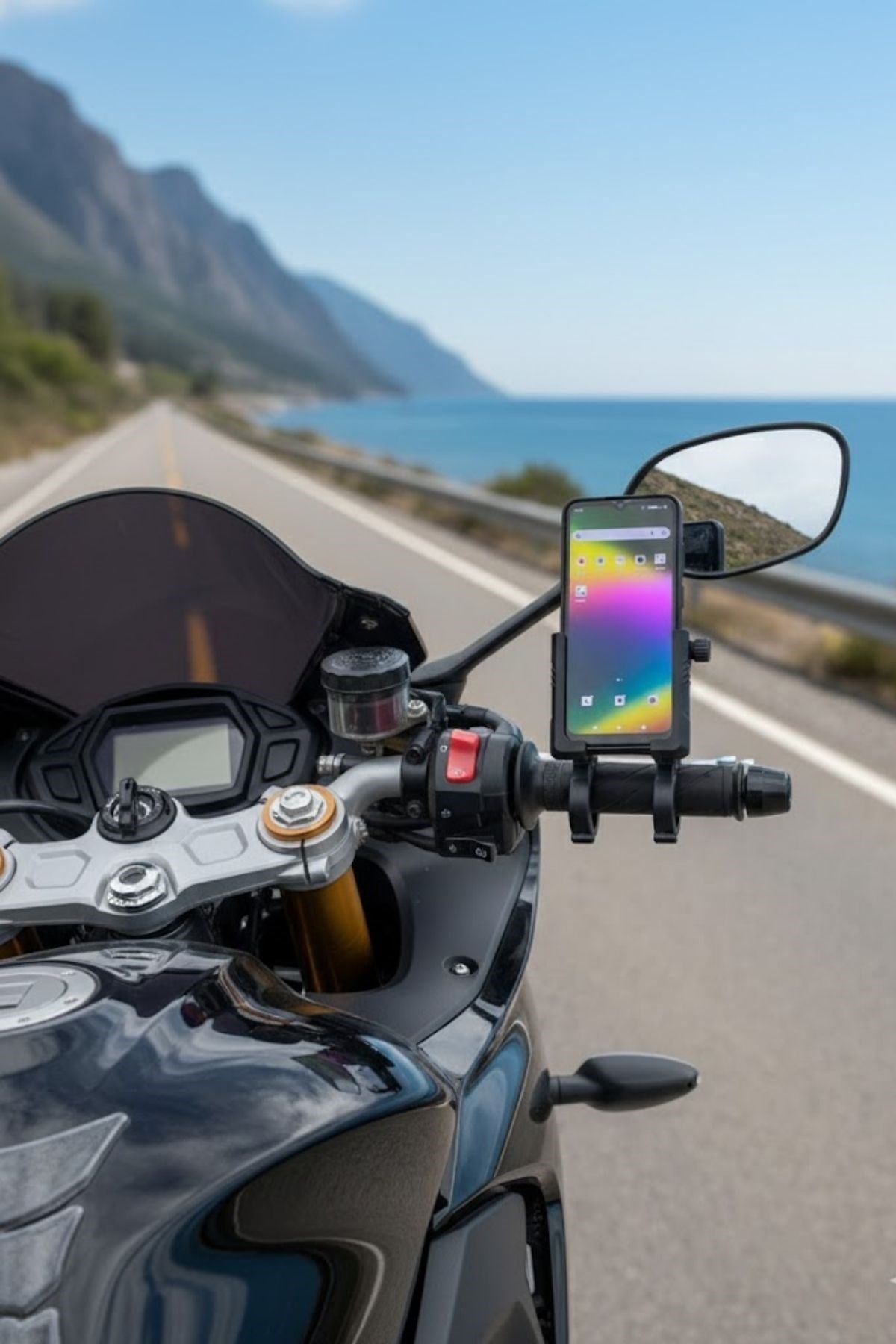 Evrensel Motosiklet Telefon Tutucu – Kaymaz, Kilitlenebilir Güvenli Tutuşlu, 360° Ayarlanabilir Gidon Bağlantılı Akıllı Telefon Aparatı
