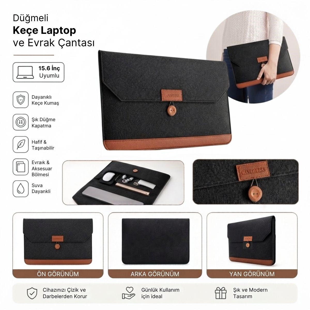 BUFFER 15.6 İnç Düğmeli Keçe Laptop ve Evrak Çantası, Notebook Bilgisayar ve Dosya Taşıma Çantası