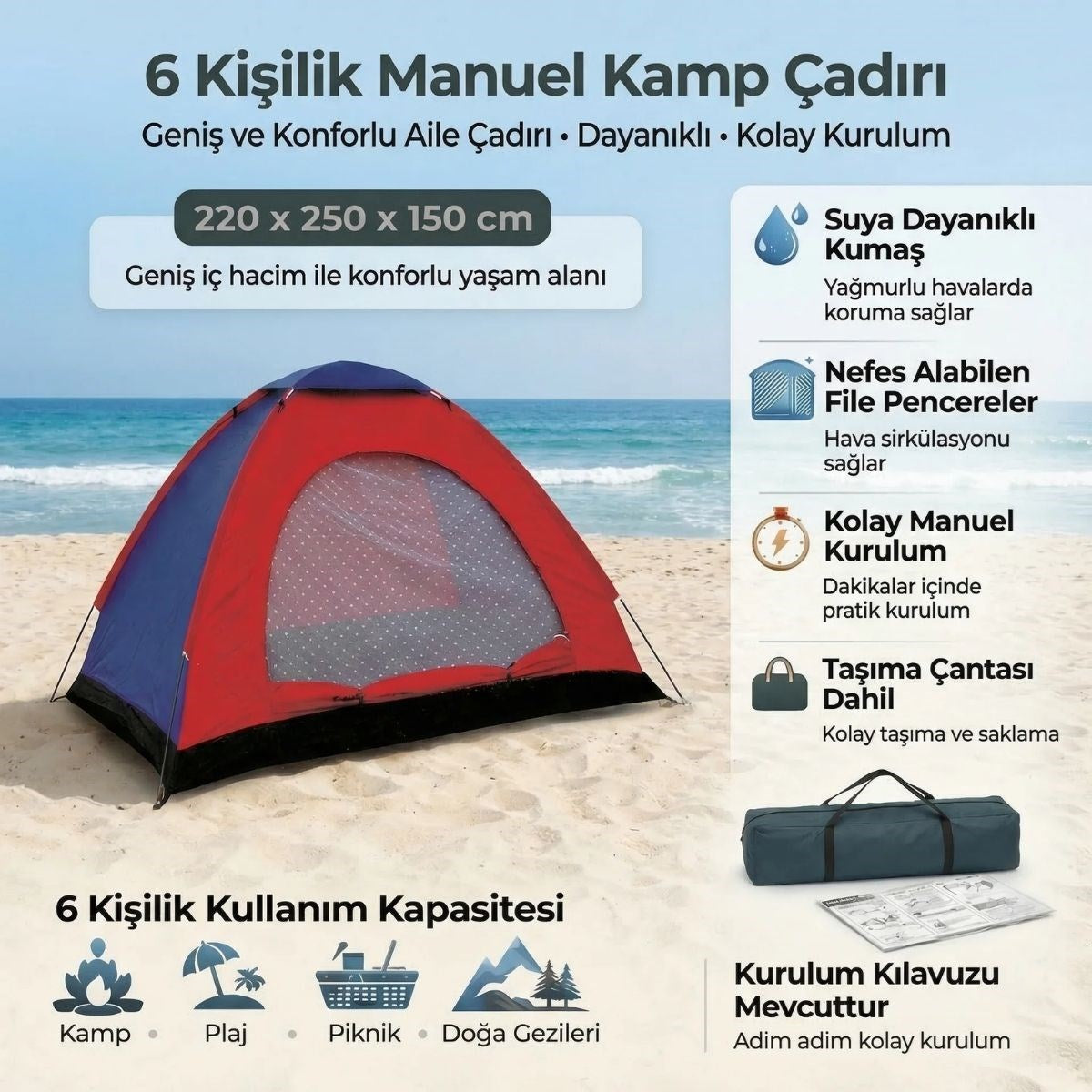 BUFFER 6 Kişilik Manuel Kurulum Kamp Çadırı – Aile, Doğa, Piknik ve Outdoor Kamp Çadırı 220x250x150 cm