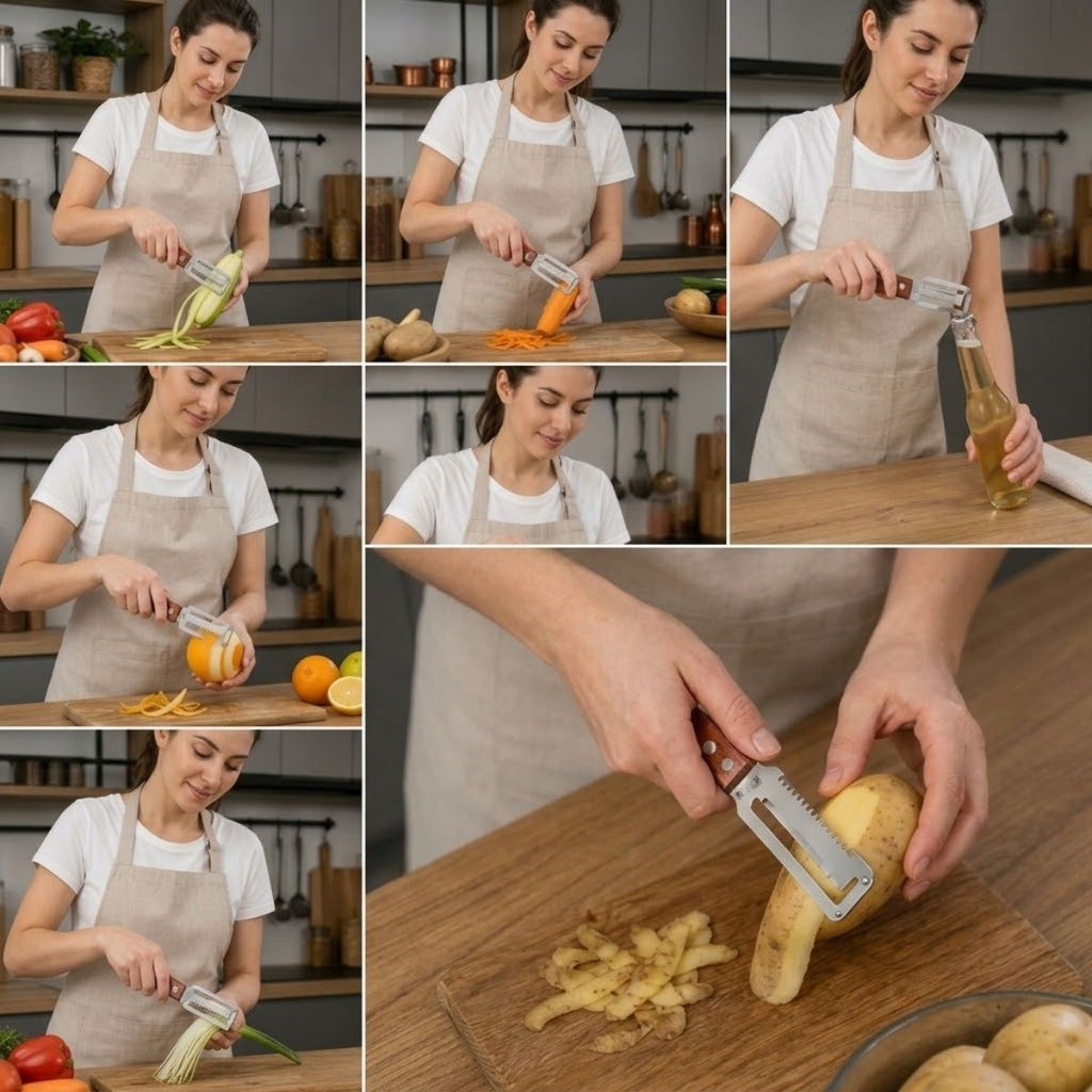 5'i 1 Arada Çok Fonksiyonlu Sebze ve Patates Soyucu, Paslanmaz Çelik Bıçaklı, Ahşap Görünümlü Saplı Mutfak Jülyen Soyacak, Şişe Açacağı