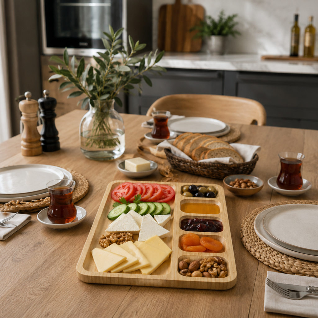 Bambu Kahvaltılık Sunum Tepsisi 6 Bölmeli Ahşap Servis Tabağı – 1 Adet, 4 Adet ve 6 Adet Ekonomik Set Seçenekleri – 32.5x25.5x2CM