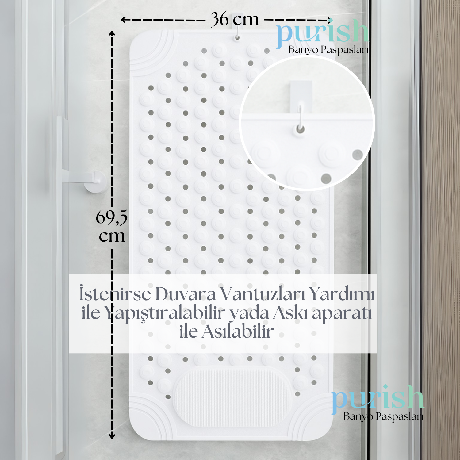 Purish | Kaymaz Banyo Paspası | Beyaz | 69,5x36cm – Dikdörtgen Duş Matı, Küvet Paspası | Güçlü Vantuzlu, Su Tahliyeli, Masaj, Fırçalı | Makinede Yıkanabilir | Kaydırmaz Zemin Matı (Copy) - Herseyben.de