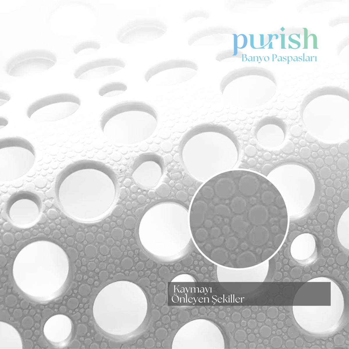 Purish | Kaymaz Banyo Paspası | Beyaz| 36x66 cm – Dikdörtgen Duş Matı, Küvet Paspası | Güçlü Vantuzlu, Su Tahliyeli, Yumuşak