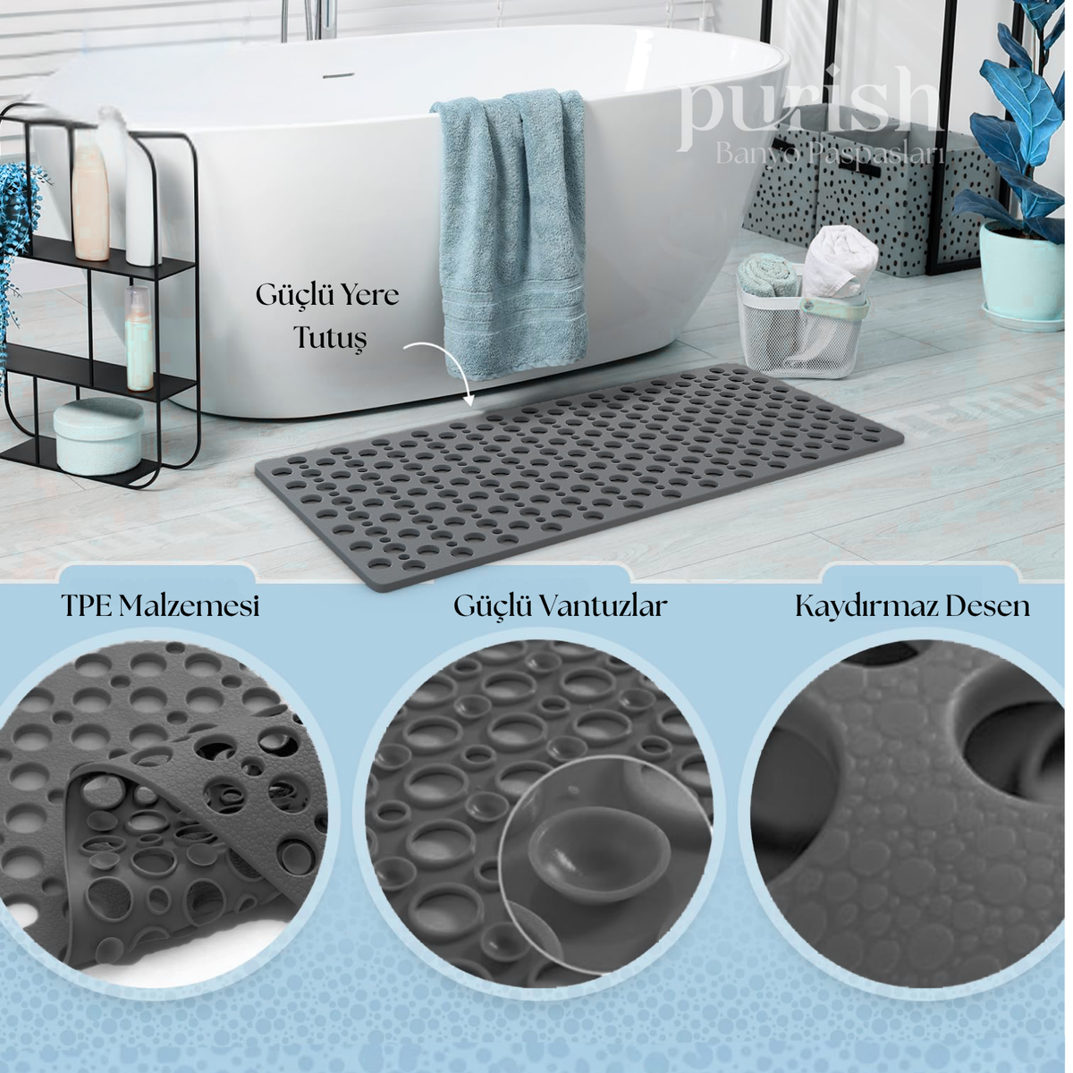 Purish | Kaymaz Banyo Paspası | Antrasit Gri | 36x66 cm – Dikdörtgen Duş Matı, Küvet Paspası | Güçlü Vantuzlu, Su Tahliyeli, Yumuşak