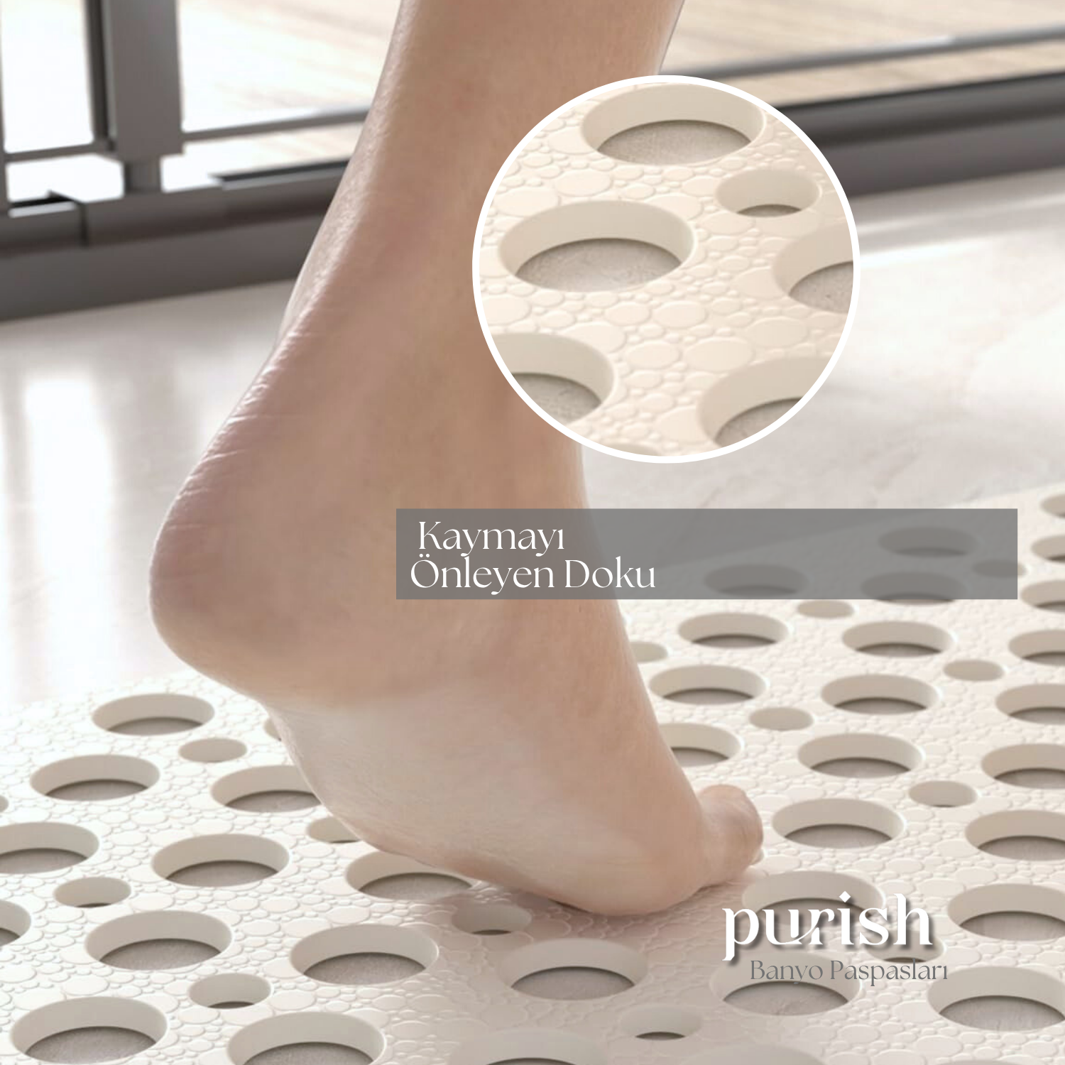 Purish | Kaymaz Banyo Paspası | Beyaz| 54x54cm – Kare Duş Matı, Küvet Paspası | Güçlü Vantuzlu, Su Tahliyeli, Yumuşak | Makinede Yıkanabilir | Kaydırmaz Zemin Matı