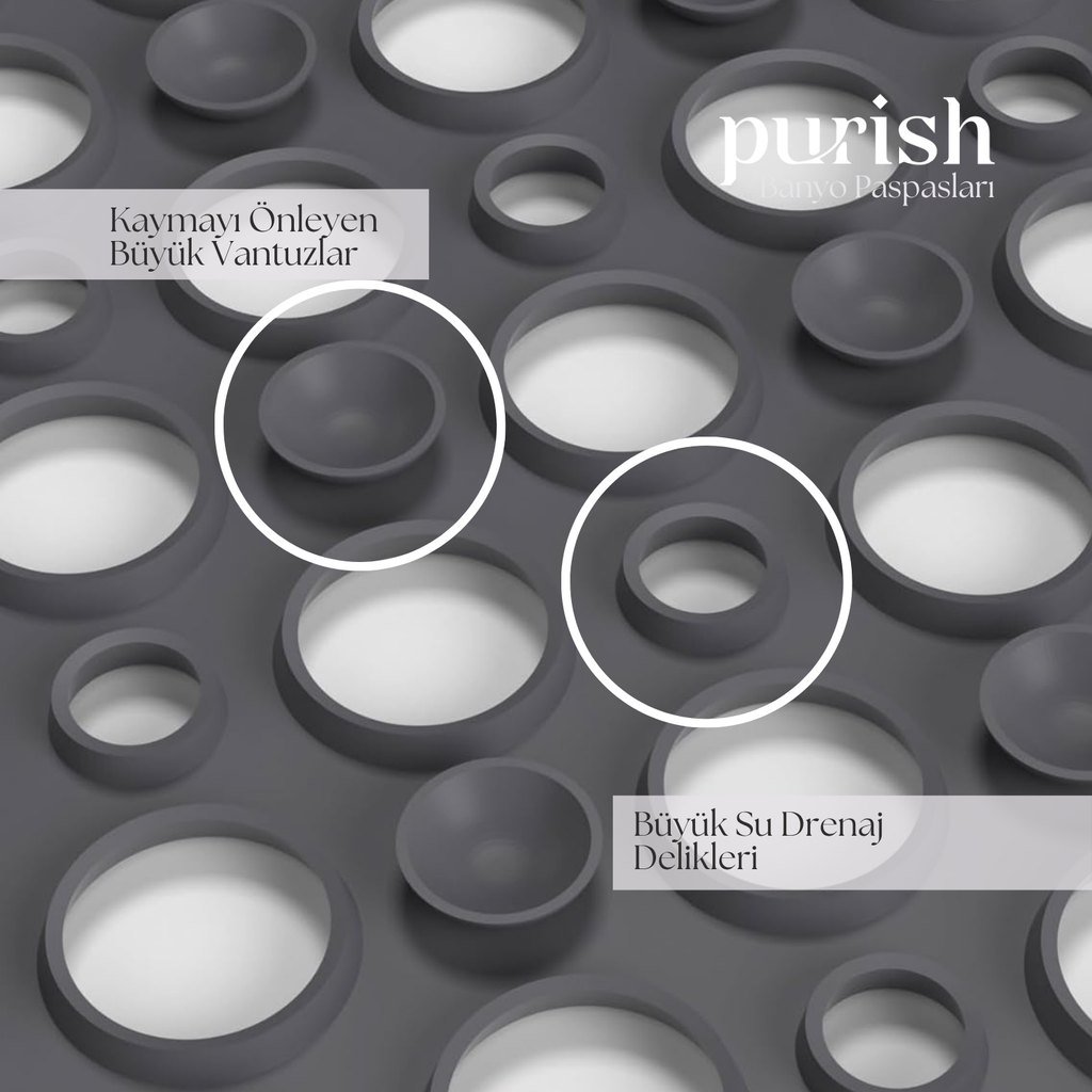 Purish | Kaymaz Banyo Paspası | Antrasit Gri | 54x54cm – Dikdörtgen Duş Matı, Küvet Paspası | Güçlü Vantuzlu, Su Tahliyeli, Yumuşak | Makinede Yıkanabilir | Kaydırmaz Zemin Matı - Herseyben.de