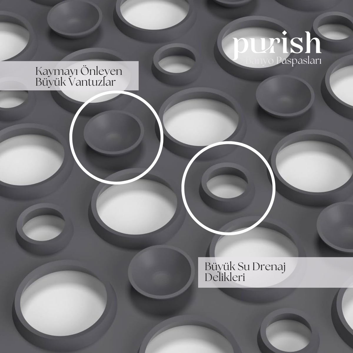 Purish | Kaymaz Banyo Paspası | Antrasit Gri | 54x54cm – Dikdörtgen Duş Matı, Küvet Paspası | Güçlü Vantuzlu, Su Tahliyeli, Yumuşak | Makinede Yıkanabilir | Kaydırmaz Zemin Matı - Herseyben.de