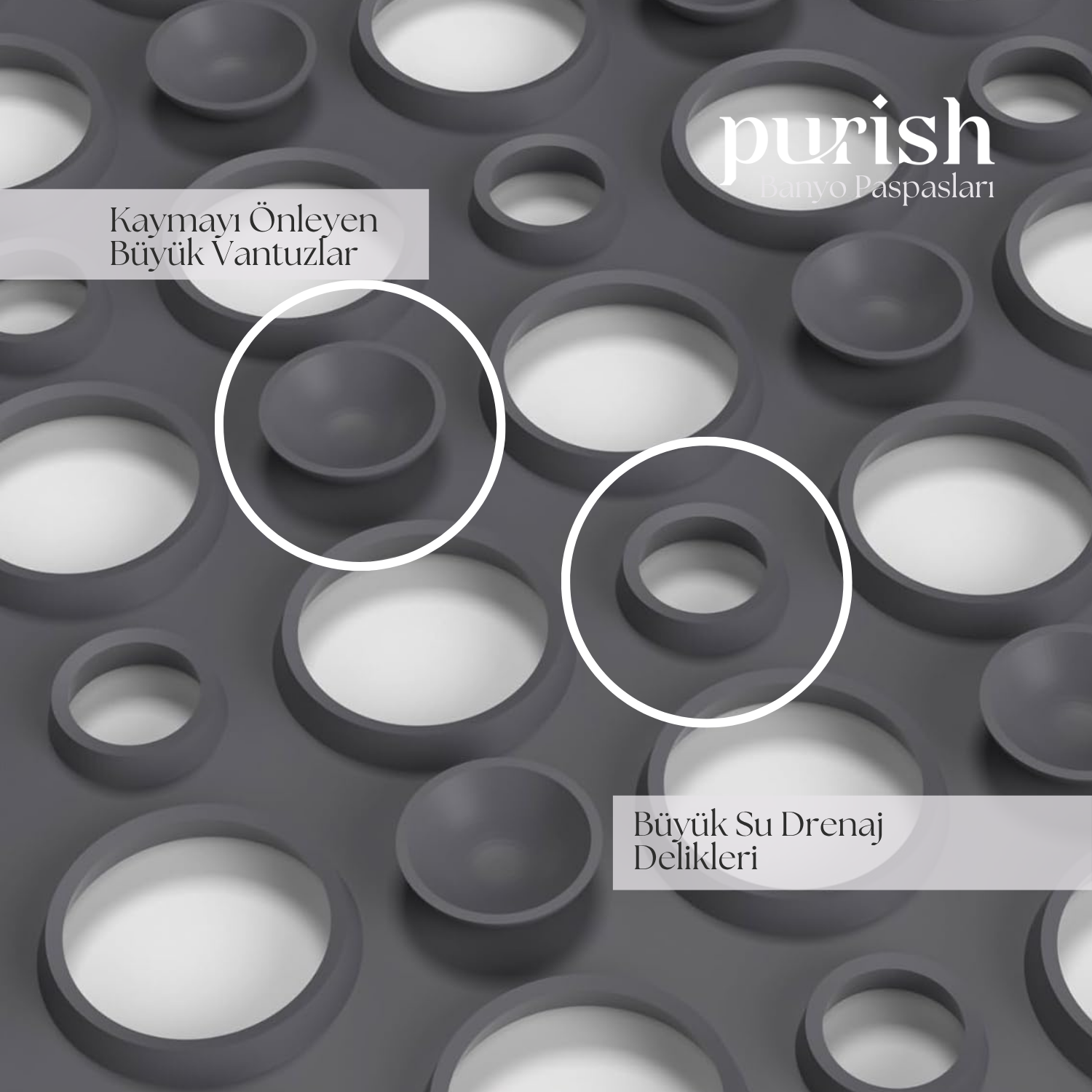 Purish | Kaymaz Banyo Paspası | Antrasit Gri | 54x54cm – Dikdörtgen Duş Matı, Küvet Paspası | Güçlü Vantuzlu, Su Tahliyeli, Yumuşak | Makinede Yıkanabilir | Kaydırmaz Zemin Matı - Herseyben.de