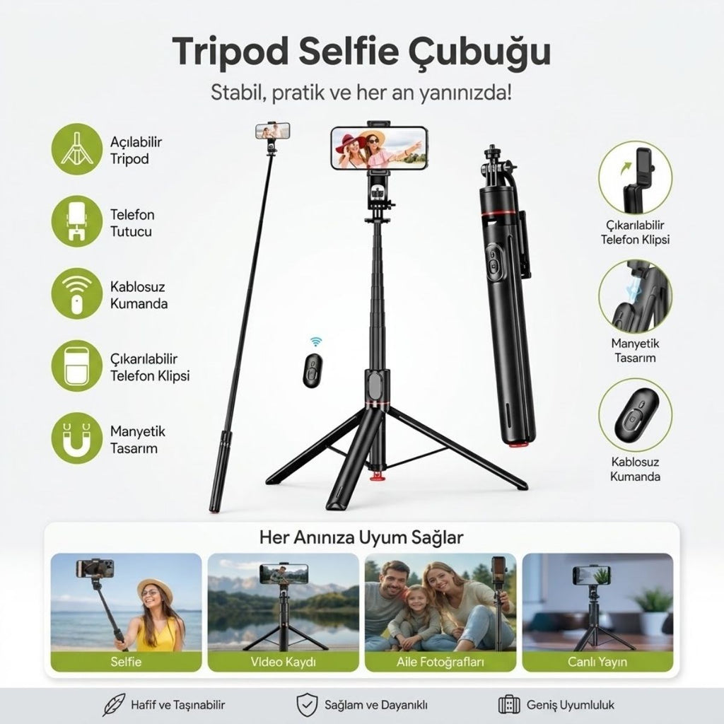 BUFFER 130 cm Uzayabilen Manyetik Kumandalı Tripod ve Ayarlanabilir Telefon Tutuculu, Alüminyum Gövdeli Selfie Çubuğu