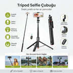 BUFFER 130 cm Uzayabilen Manyetik Kumandalı Tripod ve Ayarlanabilir Telefon Tutuculu, Alüminyum Gövdeli Selfie Çubuğu