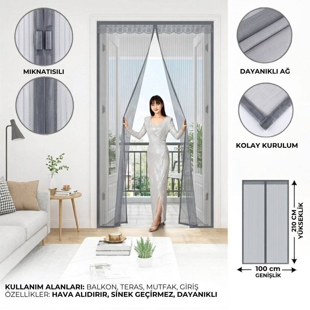Mıknatıslı Kapı Sinekliği Gri 100x210 cm Otomatik Kapanan Manyetik Tül Sineklik