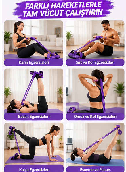 6 Lastikli Pedallı Egzersiz Aleti – Tam Vücut Fitness ve Pilates Aparatı – Mor