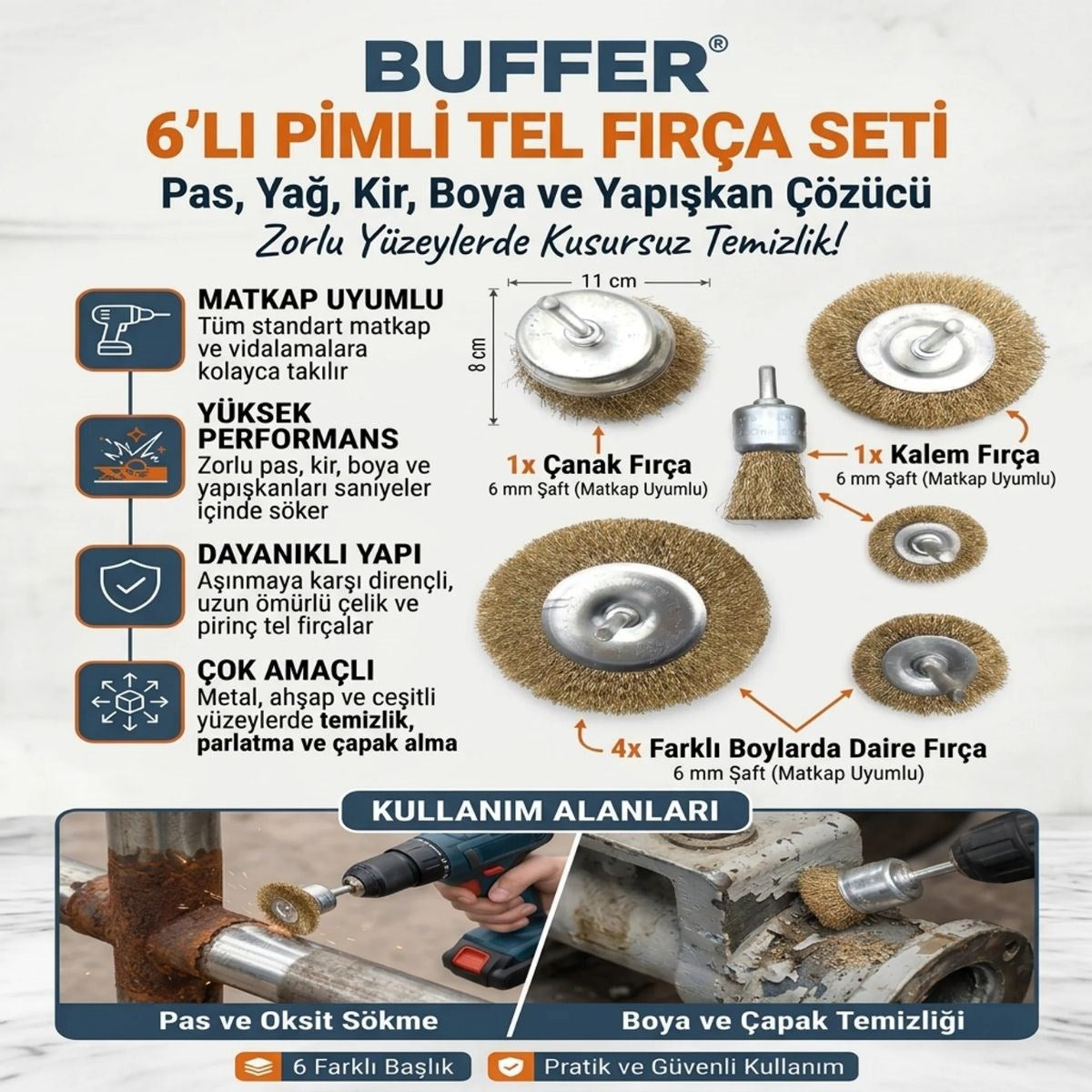 6'lı Pimli Tel Fırça Seti Pas Yağ Kir Boya Yapışkan Çözücü