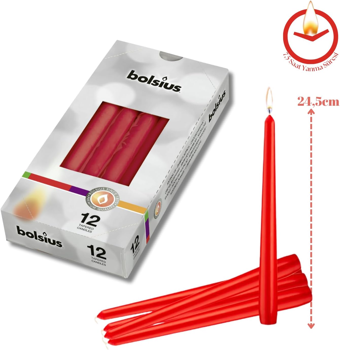 Kırmızı Renkli Konik Şamdan Yemek Mumu, 7,5 Saat Yanma Süreli, 24,5 cm Uzun Mum (12 Adet)