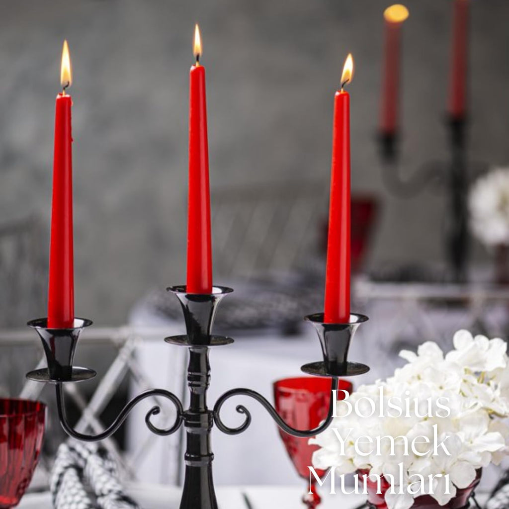 Kırmızı Renkli Konik Şamdan Yemek Mumu, 7,5 Saat Yanma Süreli, 24,5 cm Uzun Mum (12 Adet)