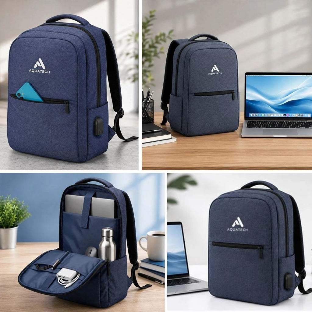 Lacivert Laptop Sırt Çantası, Bilgisayar Korumalı İç Bölmeli Notebook Çantası, Organizer Cepli ve USB Şarj Portlu