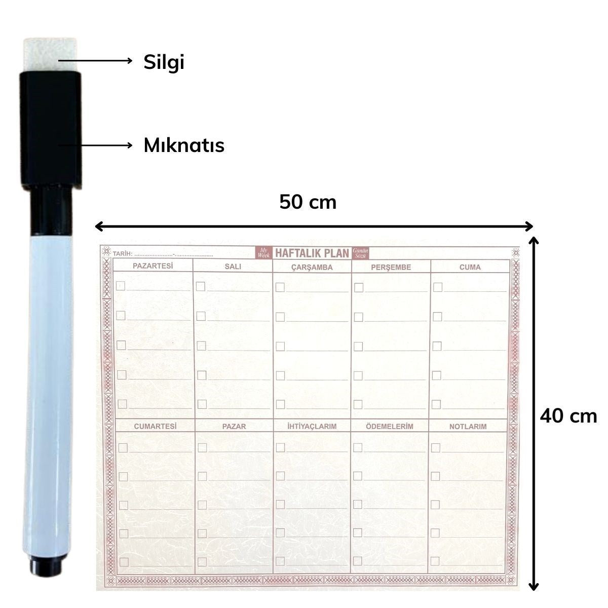 BUFFER Şeffaf Kendiliğinden Yapışkanlı Kalemli Haftalık Planlayıcı 40cm-50cm